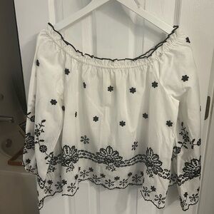 Anthropologie Maeve White Top with Black Floral Detail